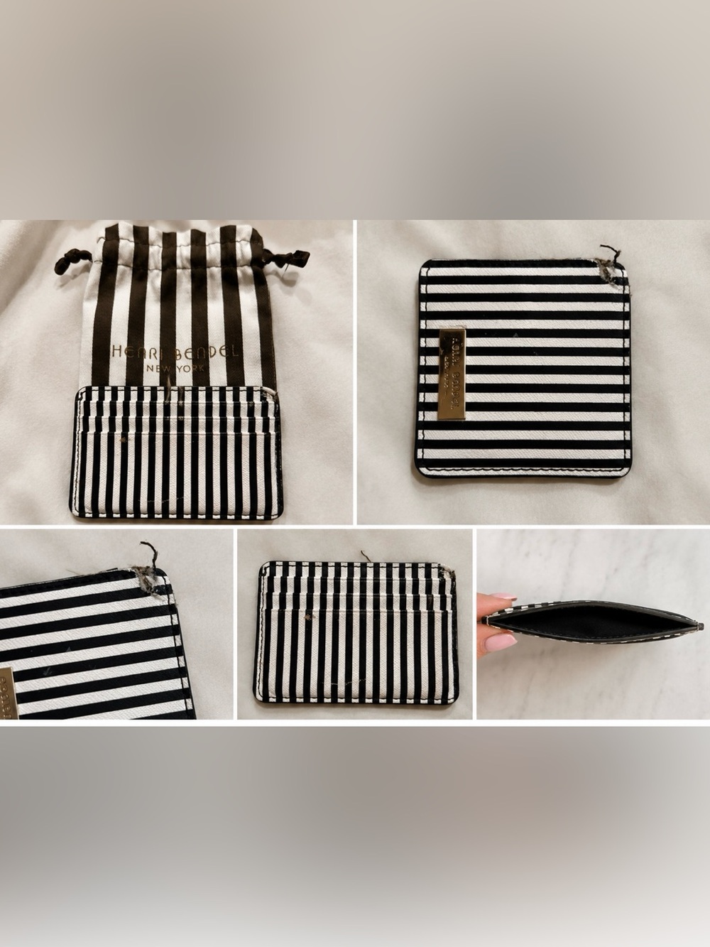 Henri Bendel Black & White Striped Card Holder with Dust Bag